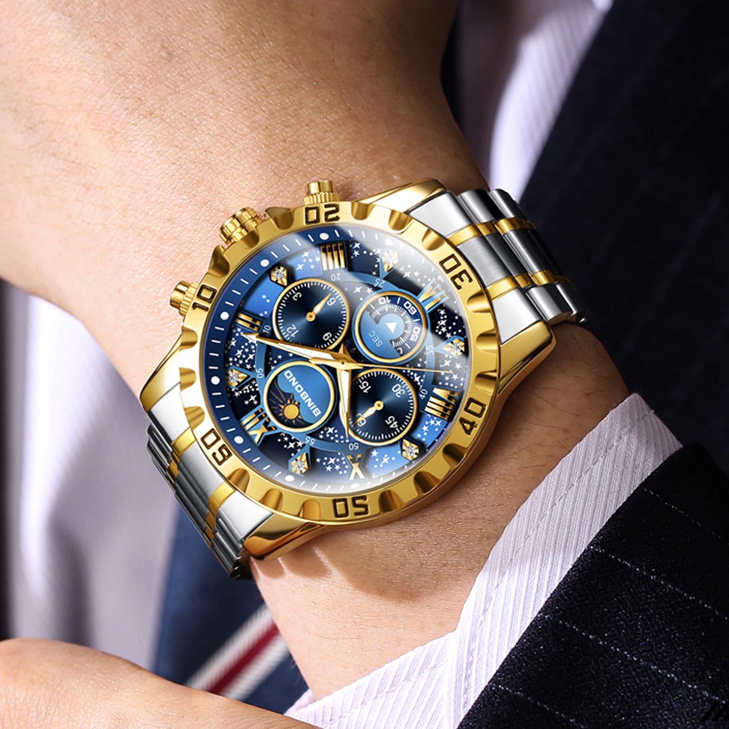 BINBOND Luxury Men's Quartz Watch Stainless Steel Waterproof Luminous Chronograph Date Moon Phase