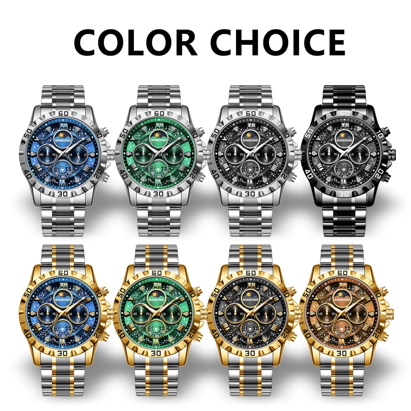 BINBOND Luxury Men's Quartz Watch Stainless Steel Waterproof Luminous Chronograph Date Moon Phase