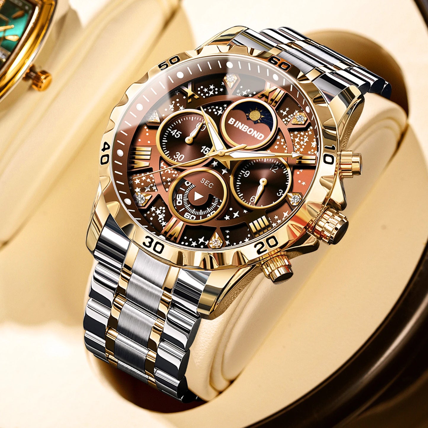 BINBOND Luxury Men's Quartz Watch Stainless Steel Waterproof Luminous Chronograph Date Moon Phase