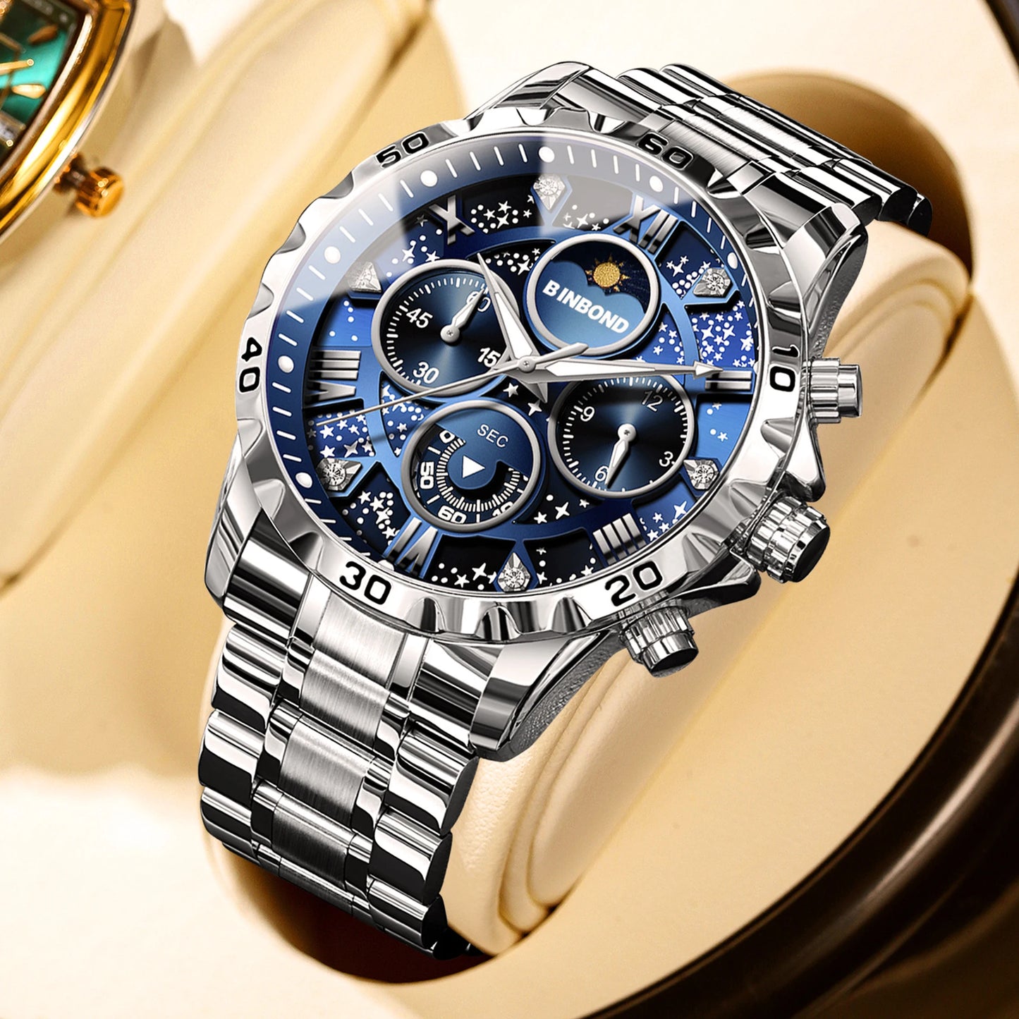 BINBOND Luxury Men's Quartz Watch Stainless Steel Waterproof Luminous Chronograph Date Moon Phase