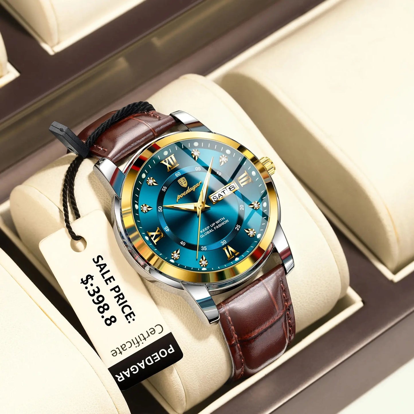 POEDAGAR Luxury Men's Quartz Leather Watch Waterproof Luminous