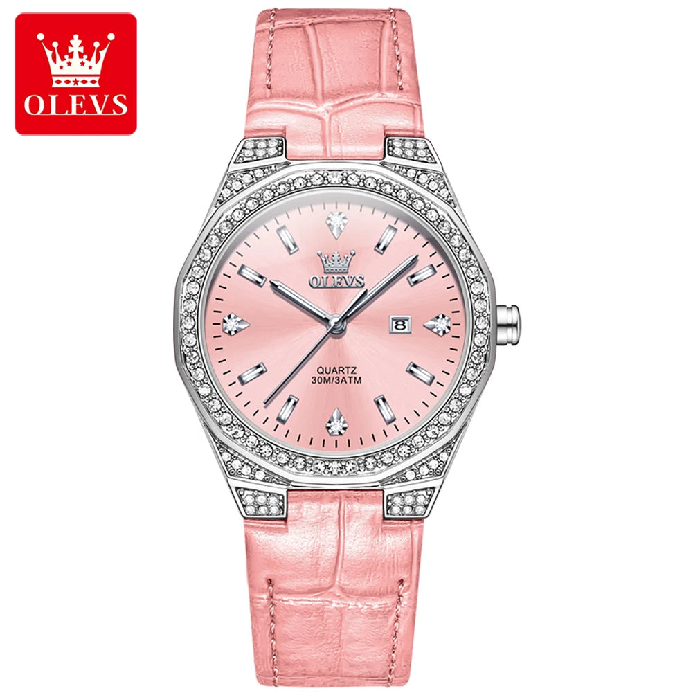 OLEVS 5606 Women’s Luxury Diamond Quartz Watch – Leather Strap, Waterproof