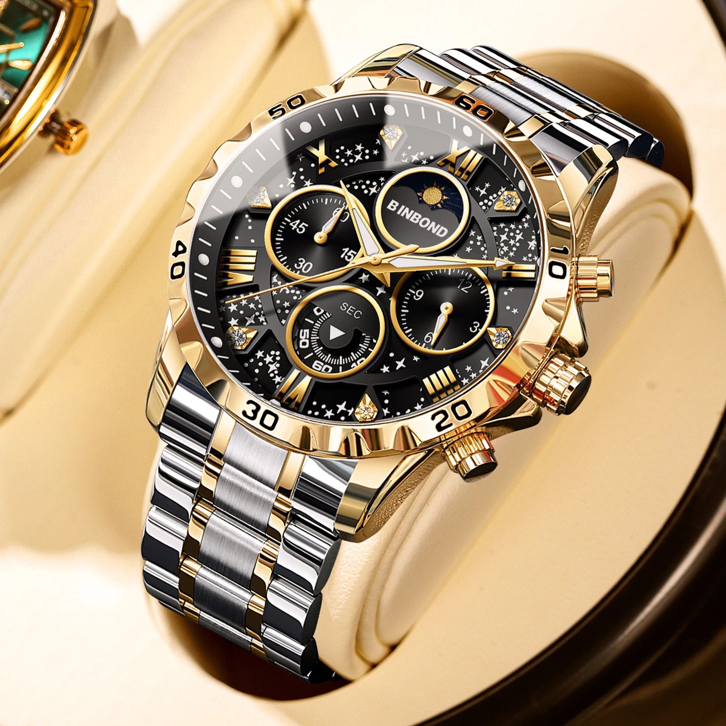 BINBOND Luxury Men's Quartz Watch Stainless Steel Waterproof Luminous Chronograph Date Moon Phase