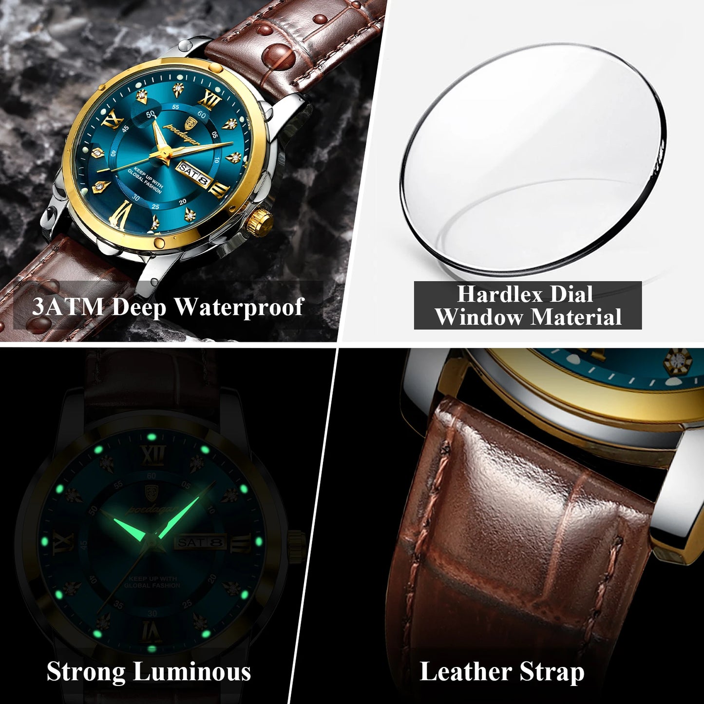POEDAGAR Luxury Men's Quartz Leather Watch Waterproof Luminous
