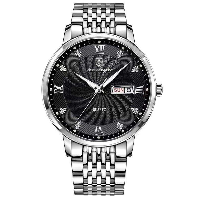 POEDAGAR Luxury Men's Quartz Watch Stainless Steel Waterproof Luminous Date Week