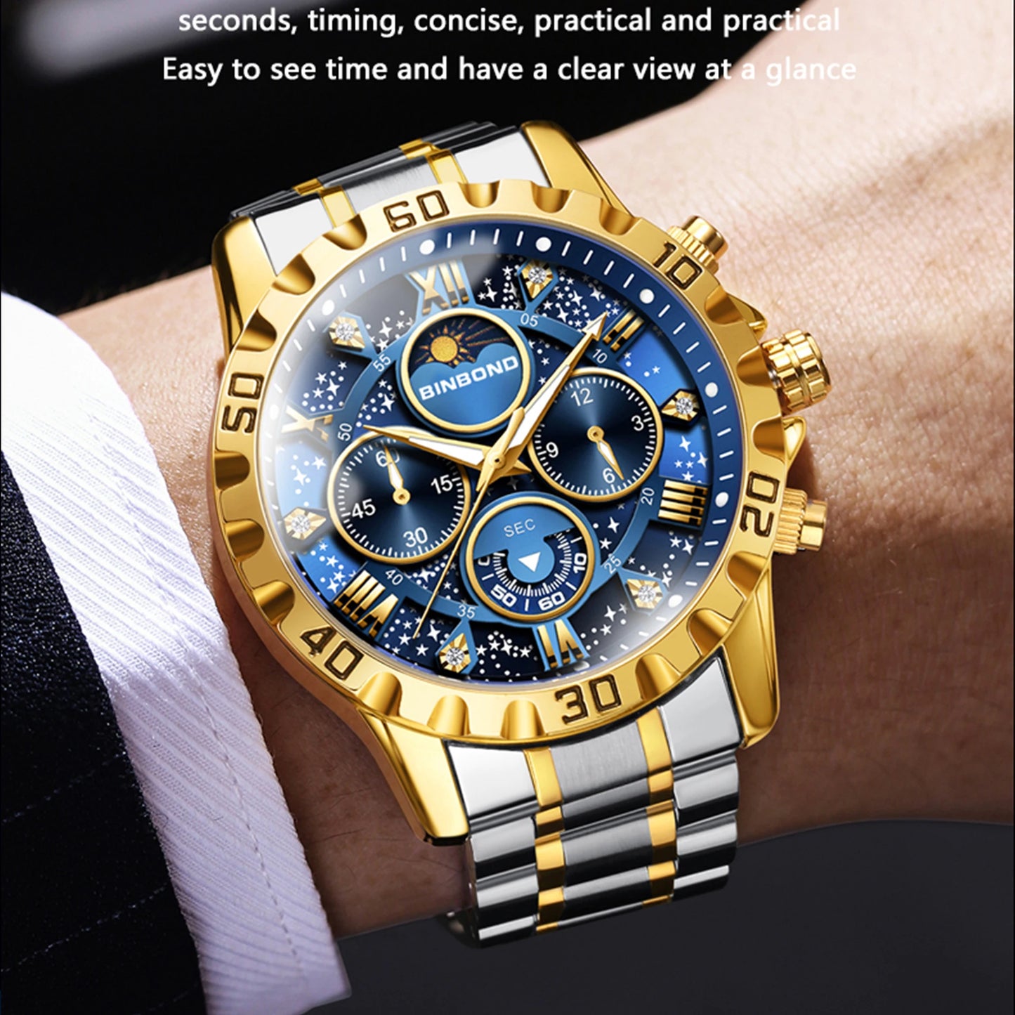 BINBOND Luxury Men's Quartz Watch Stainless Steel Waterproof Luminous Chronograph Date Moon Phase