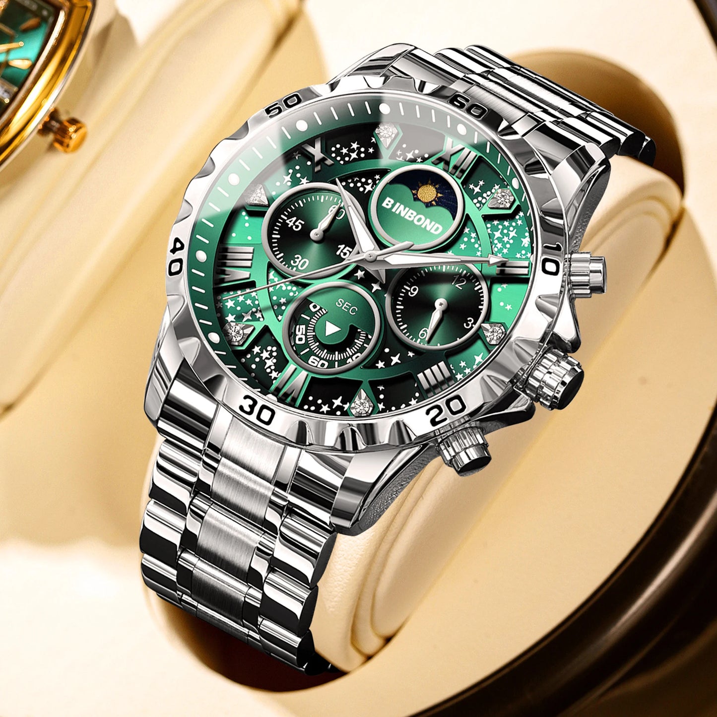 BINBOND Luxury Men's Quartz Watch Stainless Steel Waterproof Luminous Chronograph Date Moon Phase