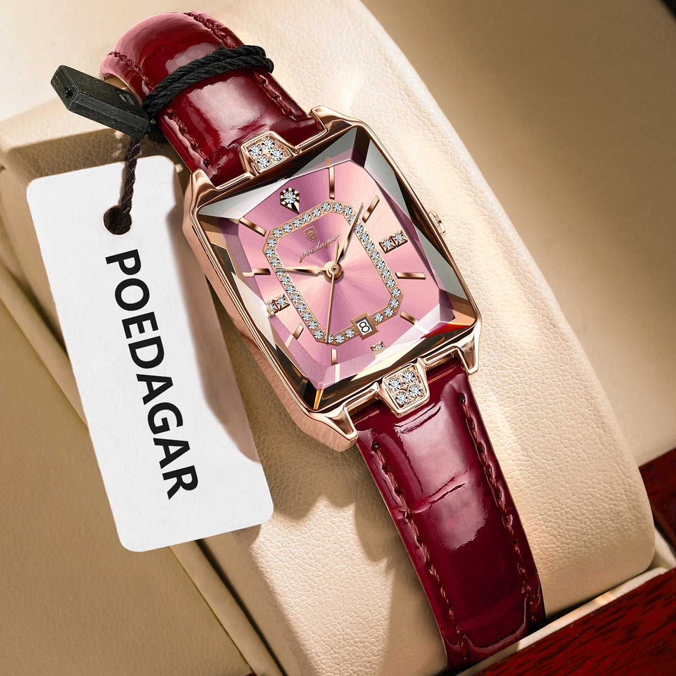 POEDAGAR Women’s Luxury Rectangle Quartz Watch – Leather Strap