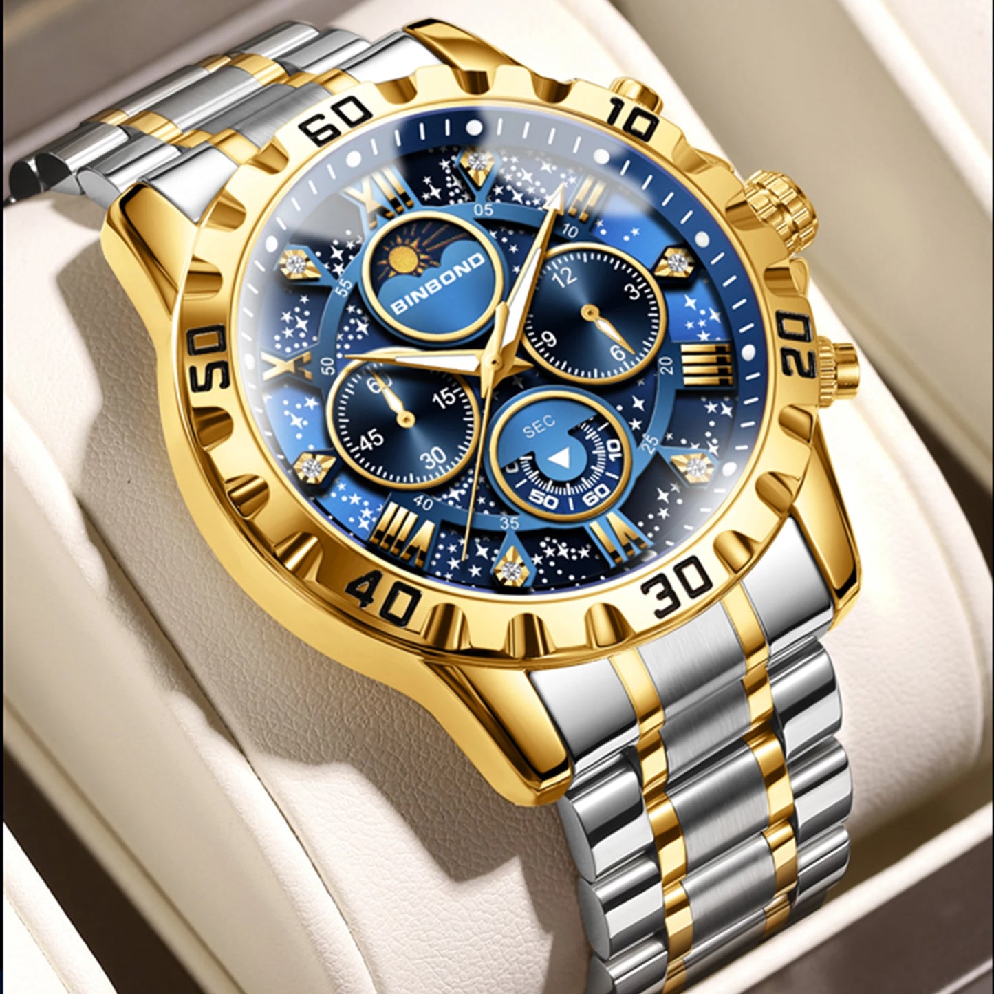 BINBOND Luxury Men's Quartz Watch Stainless Steel Waterproof Luminous Chronograph Date Moon Phase