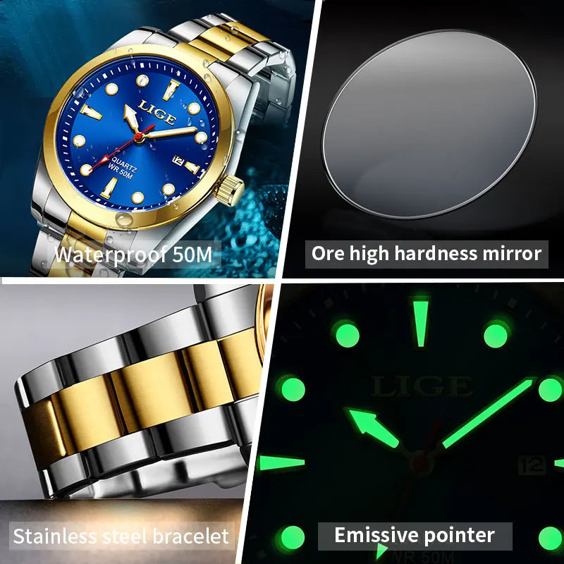 LIGE Men’s Luxury Quartz Watch – Stainless Steel, Calendar, Sport Style
