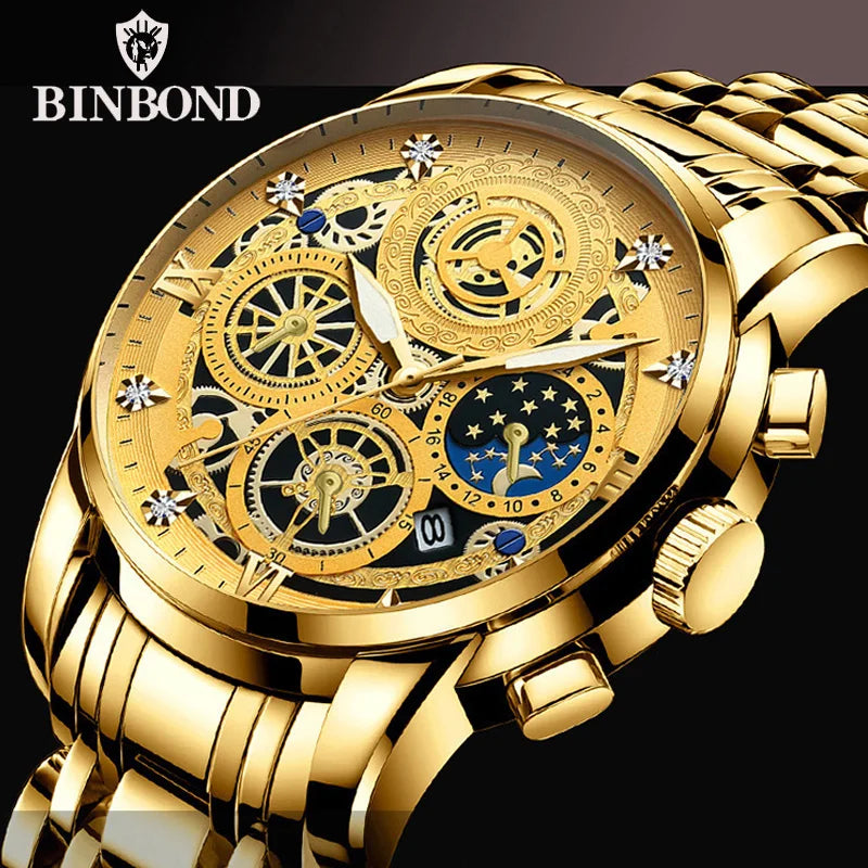 BINBOND B4010 Luxury Quartz Men Watch Stainless Steel Strap Luminous 30M Waterproof Business