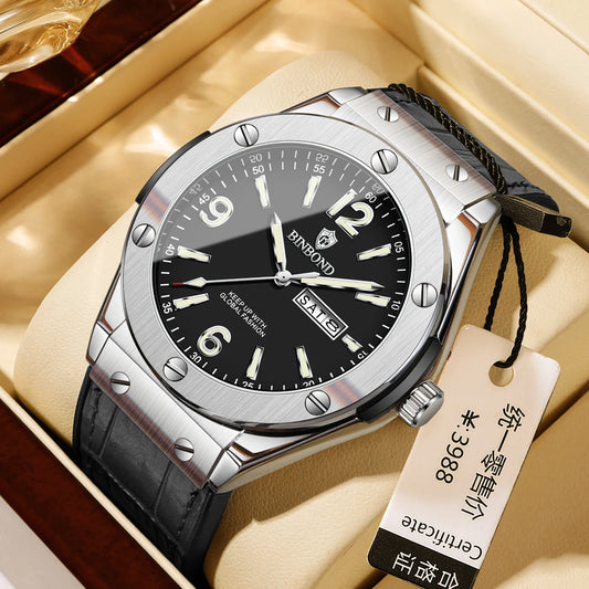 BINBOND Men’s Fashion Quartz Watch – Large Dial, Silicone Strap, Waterproof