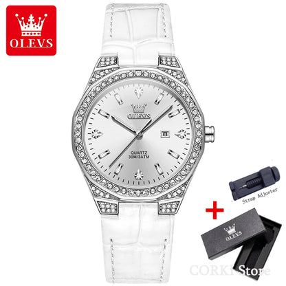 OLEVS 5606 Women’s Luxury Diamond Quartz Watch – Leather Strap, Waterproof