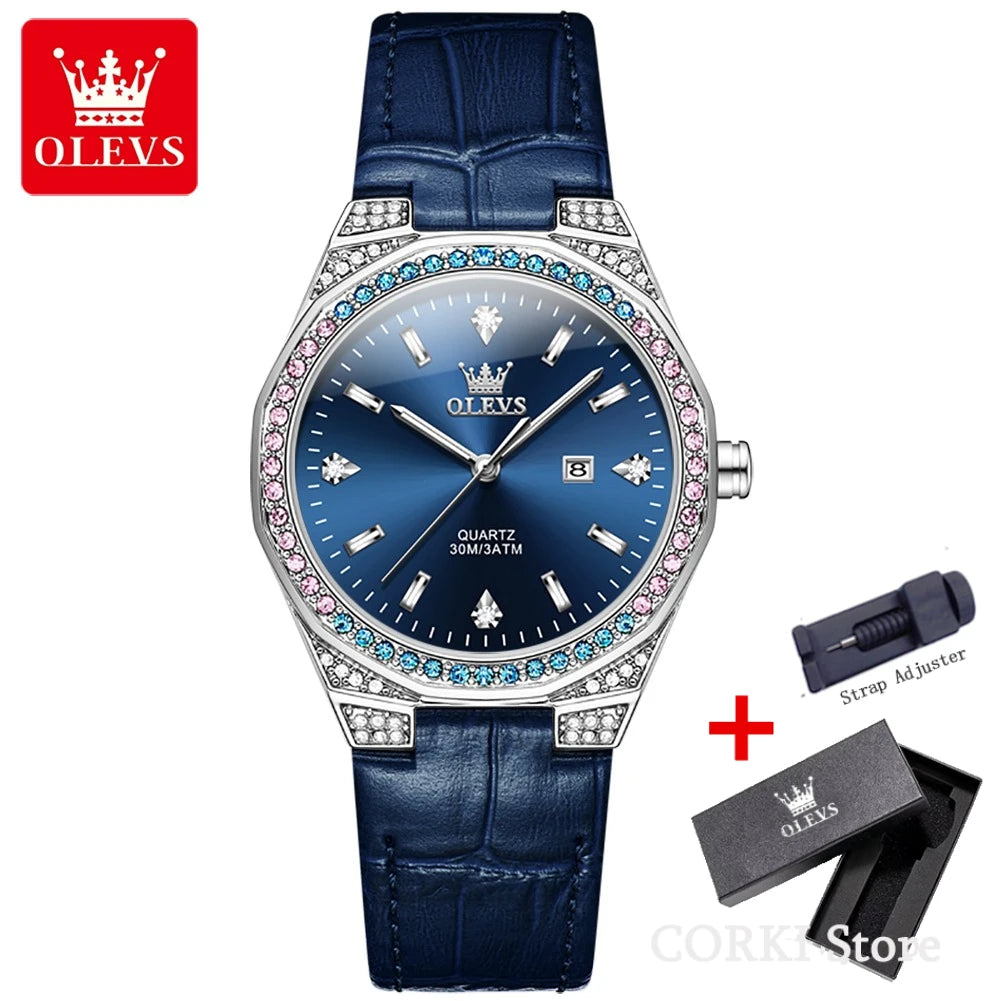 OLEVS 5606 Women’s Luxury Diamond Quartz Watch – Leather Strap, Waterproof
