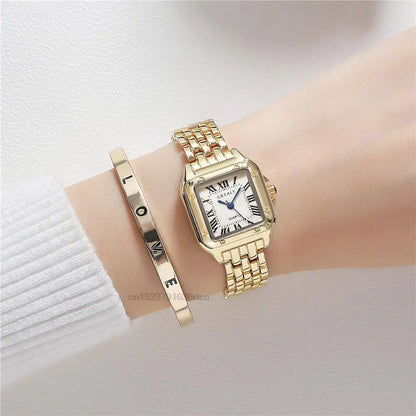 Women’s Square Quartz Watch – Gold Alloy Strap, Roman Dial