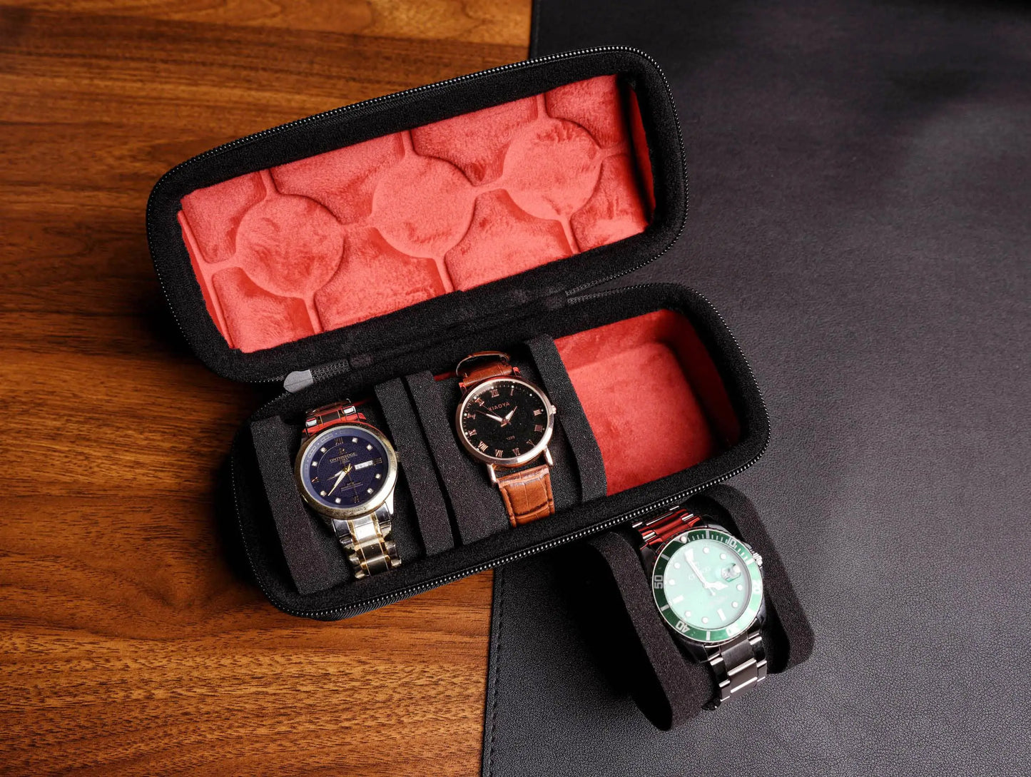 2/3/5 Slots Watch Travel Case Hard Watch Roll Organizer with Form-Fitting Pillow Red Microfiber Lining