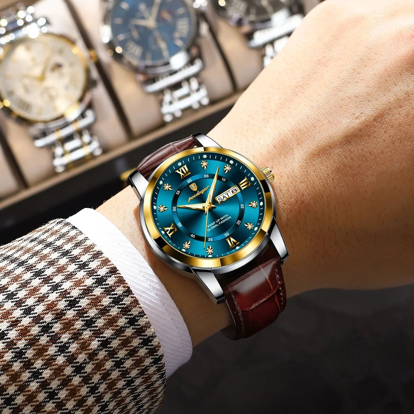 POEDAGAR Luxury Men's Quartz Leather Watch Waterproof Luminous