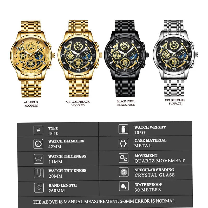 BINBOND B4010 Luxury Quartz Men Watch Stainless Steel Strap Luminous 30M Waterproof Business