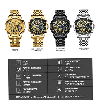 BINBOND B4010 Luxury Quartz Men Watch Stainless Steel Strap Luminous 30M Waterproof Business