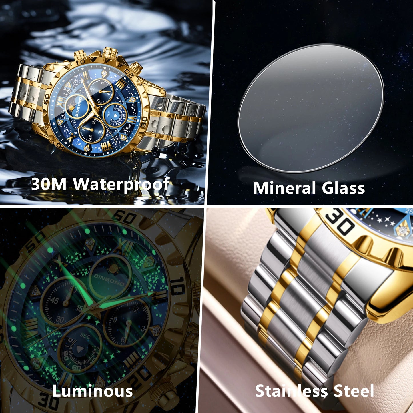 BINBOND Luxury Men's Quartz Watch Stainless Steel Waterproof Luminous Chronograph Date Moon Phase
