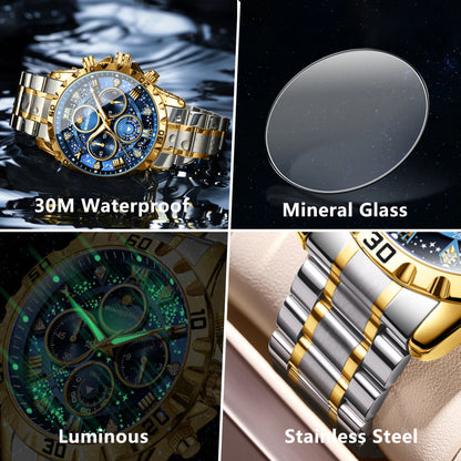 BINBOND Luxury Men's Quartz Watch Stainless Steel Waterproof Luminous Chronograph Date Moon Phase