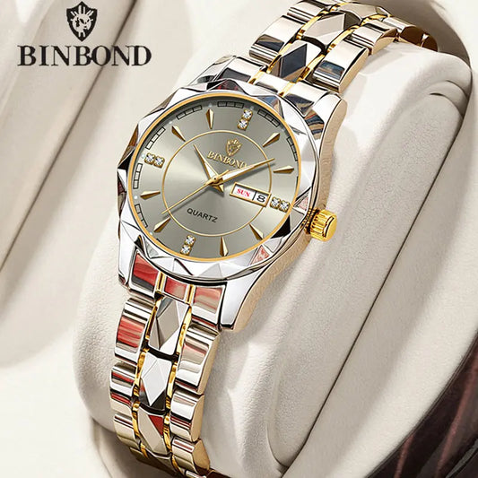 BINBOND Luxury Ladies Quartz Watch Stainless Waterproof Luminous Date Women Gift