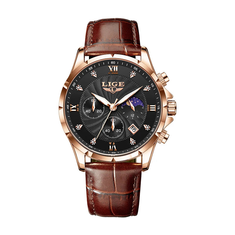 LIGE Men’s Business Quartz Watch – Waterproof, Moon Phase Design, Leather Strap