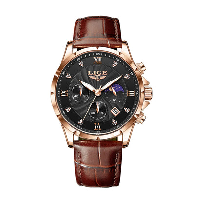 LIGE Men’s Business Quartz Watch – Waterproof, Moon Phase Design, Leather Strap