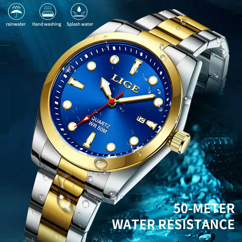 LIGE Men’s Luxury Quartz Watch – Stainless Steel, Calendar, Sport Style