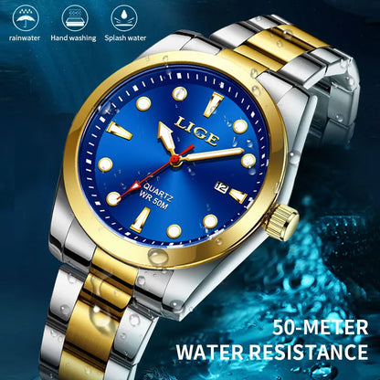 LIGE Men’s Luxury Quartz Watch – Stainless Steel, Calendar, Sport Style