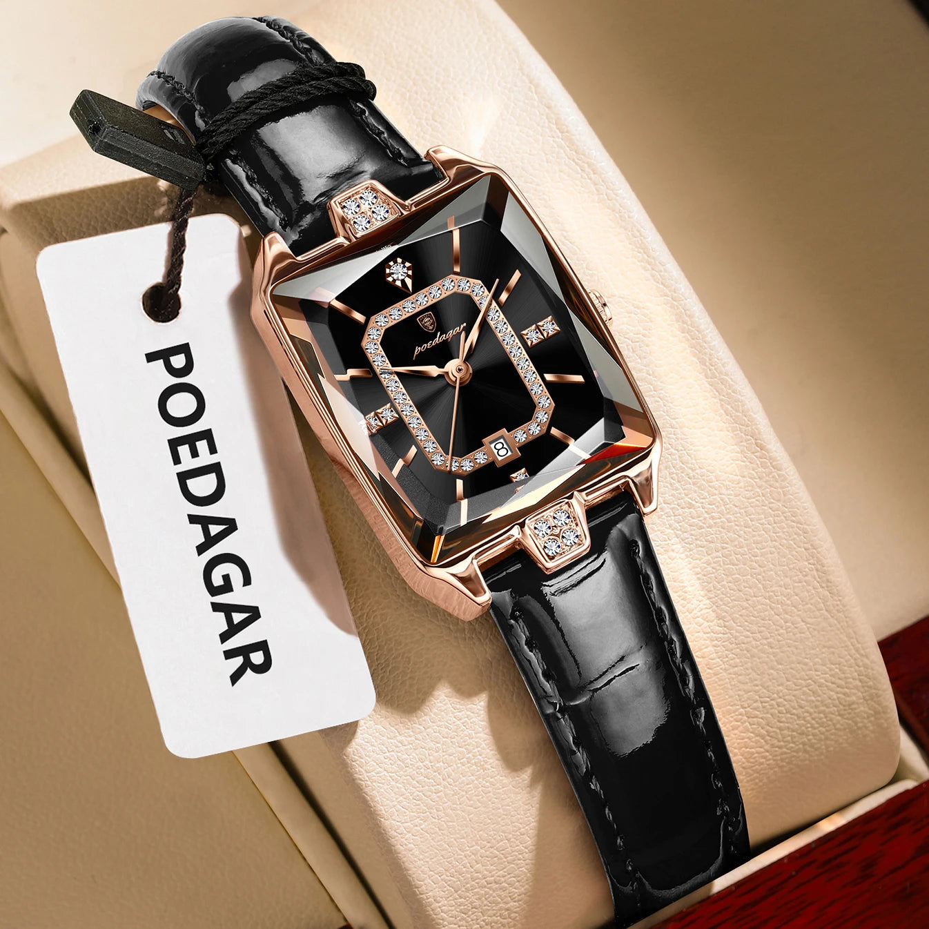 POEDAGAR Women’s Luxury Rectangle Quartz Watch – Leather Strap