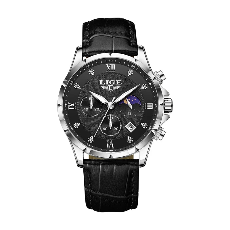 LIGE Men’s Business Quartz Watch – Waterproof, Moon Phase Design, Leather Strap
