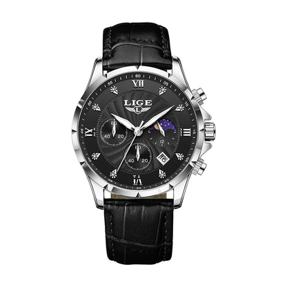 LIGE Men’s Business Quartz Watch – Waterproof, Moon Phase Design, Leather Strap