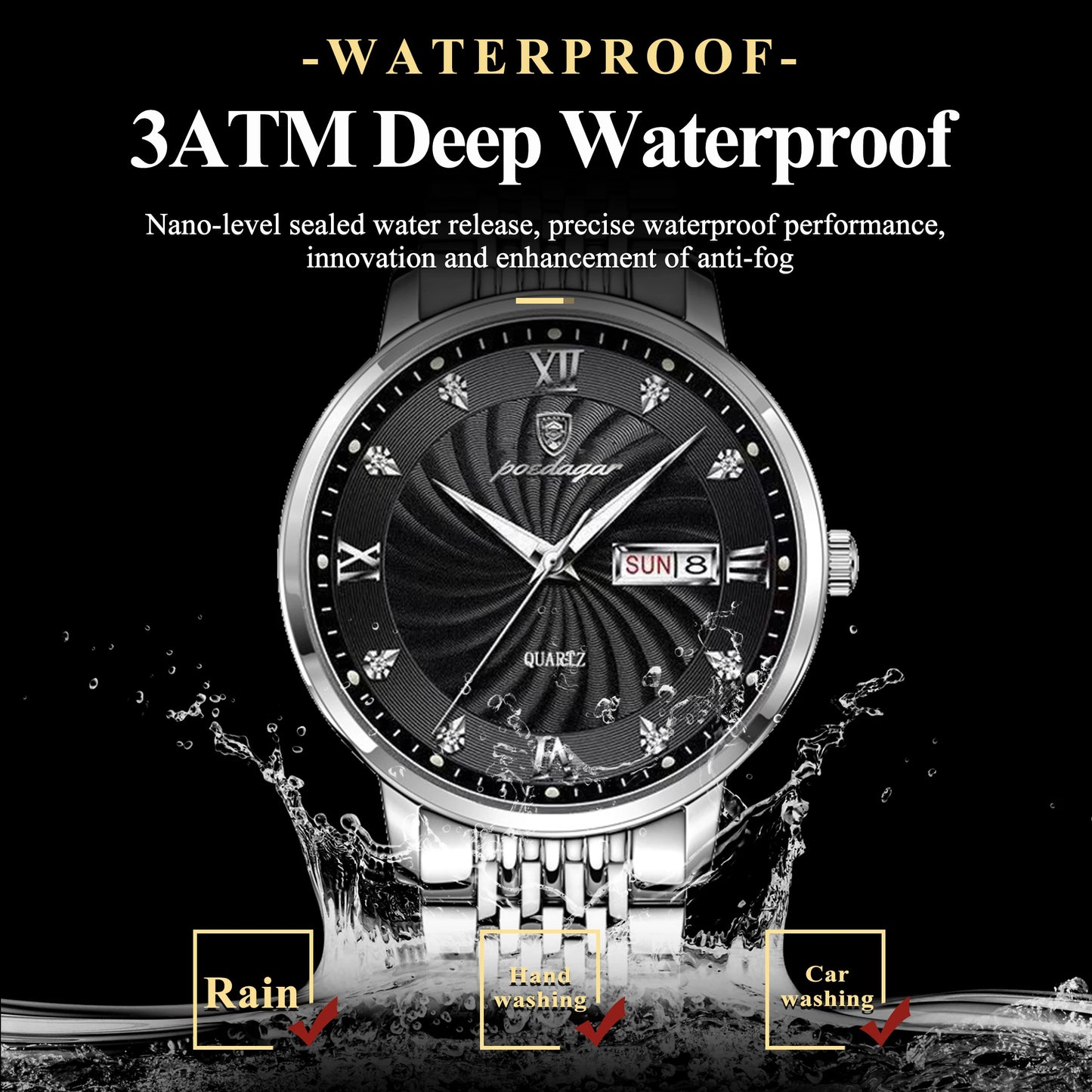 POEDAGAR Luxury Men's Quartz Watch Stainless Steel Waterproof Luminous Date Week