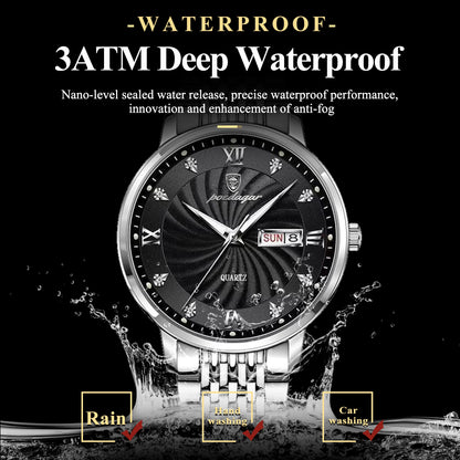POEDAGAR Luxury Men's Quartz Watch Stainless Steel Waterproof Luminous Date Week