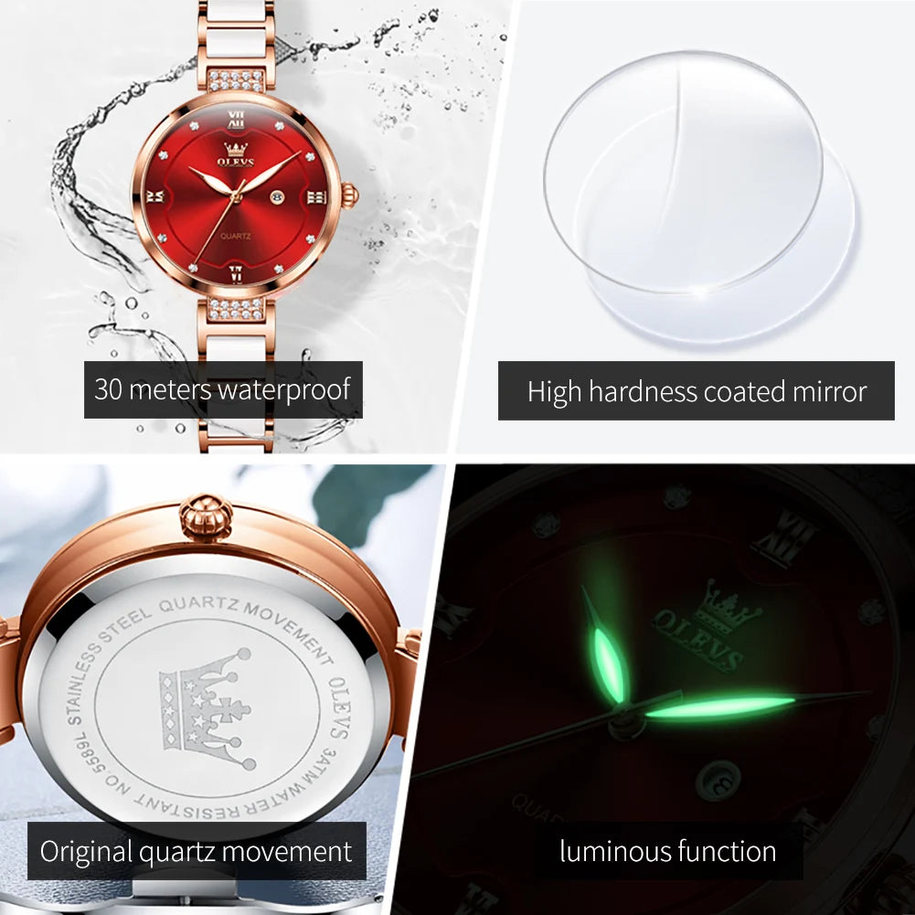 OLEVS Women’s Luxury Rose Ceramic Quartz Watch – Jewelry Design, Waterproof