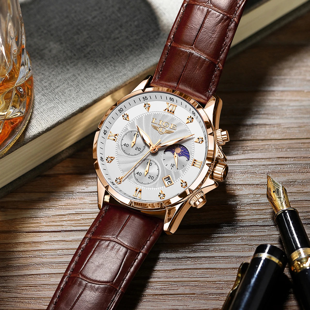 LIGE Men’s Business Quartz Watch – Waterproof, Moon Phase Design, Leather Strap