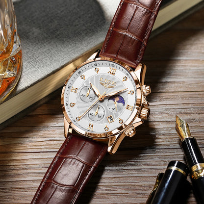 LIGE Men’s Business Quartz Watch – Waterproof, Moon Phase Design, Leather Strap