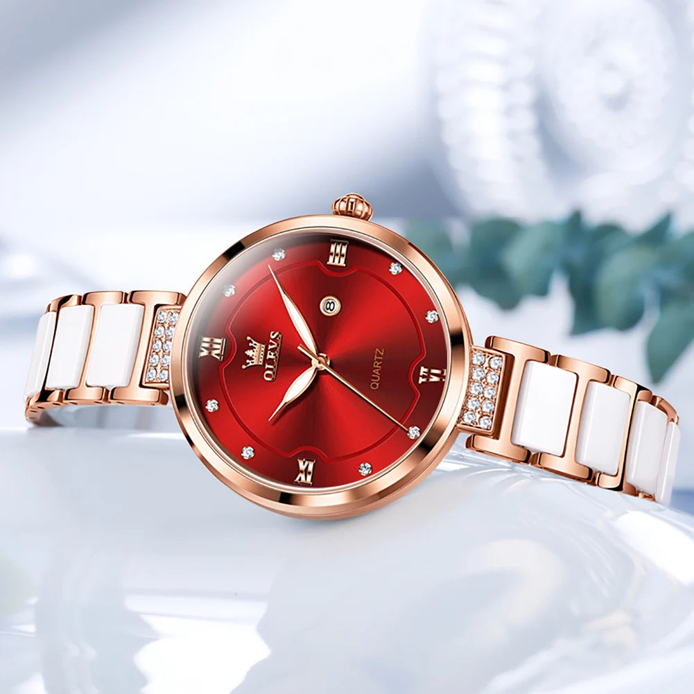 OLEVS Women’s Luxury Rose Ceramic Quartz Watch – Jewelry Design, Waterproof