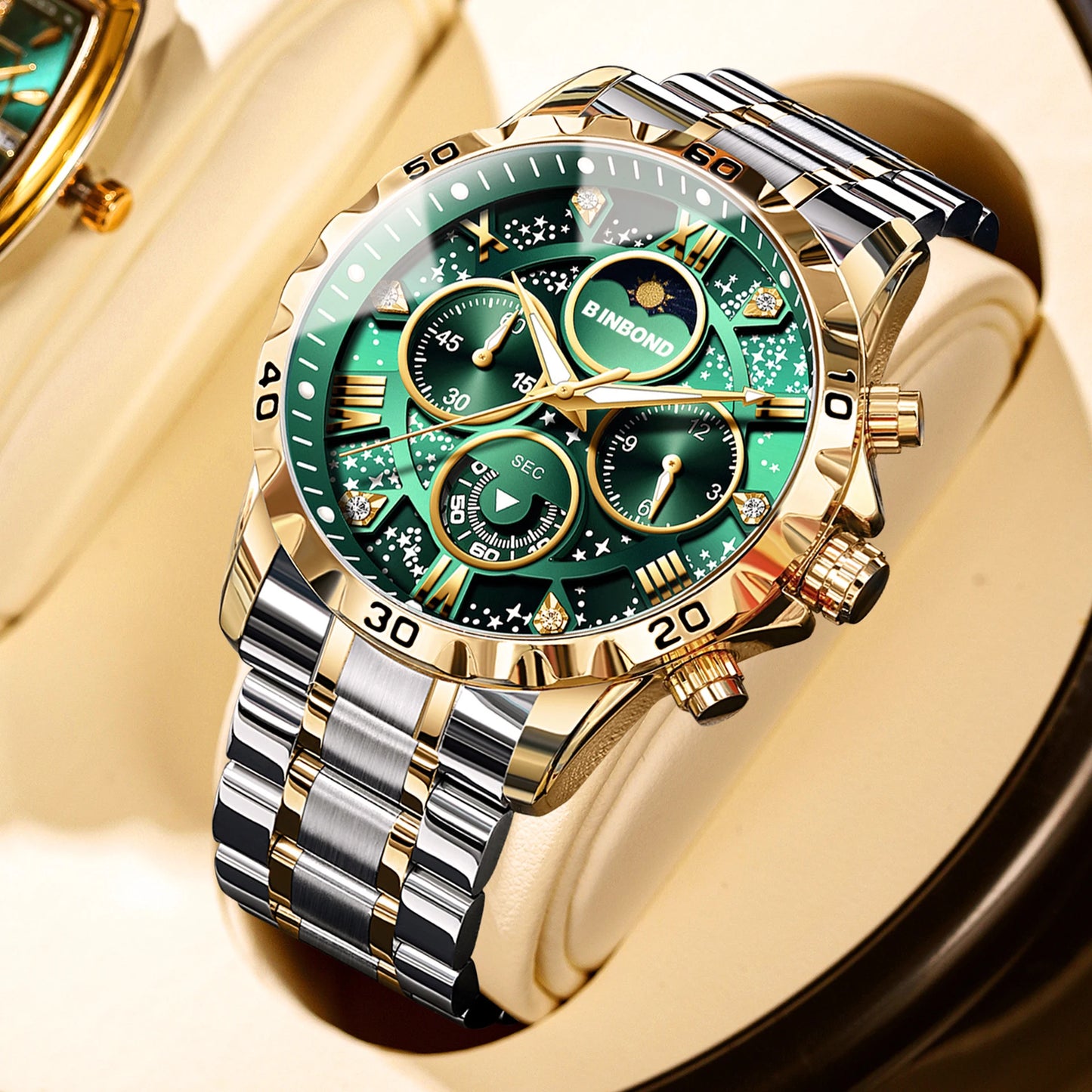 BINBOND Luxury Men's Quartz Watch Stainless Steel Waterproof Luminous Chronograph Date Moon Phase