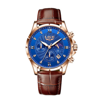 LIGE Men’s Business Quartz Watch – Waterproof, Moon Phase Design, Leather Strap