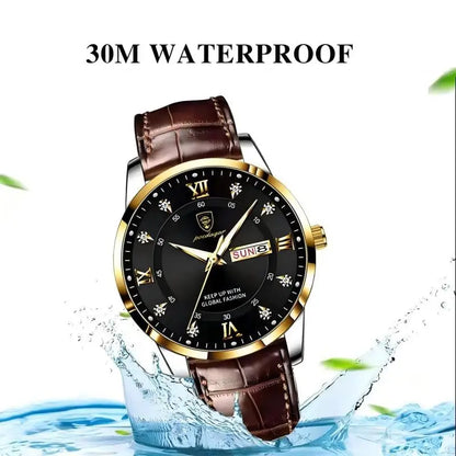 POEDAGAR Luxury Men Leather Quartz Watch Waterproof Luminous Sports Military