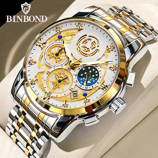 BINBOND B4010 Luxury Quartz Men Watch Stainless Steel Strap Luminous 30M Waterproof Business