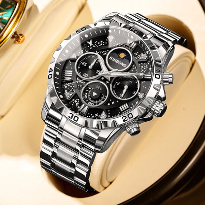 BINBOND Luxury Men's Quartz Watch Stainless Steel Waterproof Luminous Chronograph Date Moon Phase