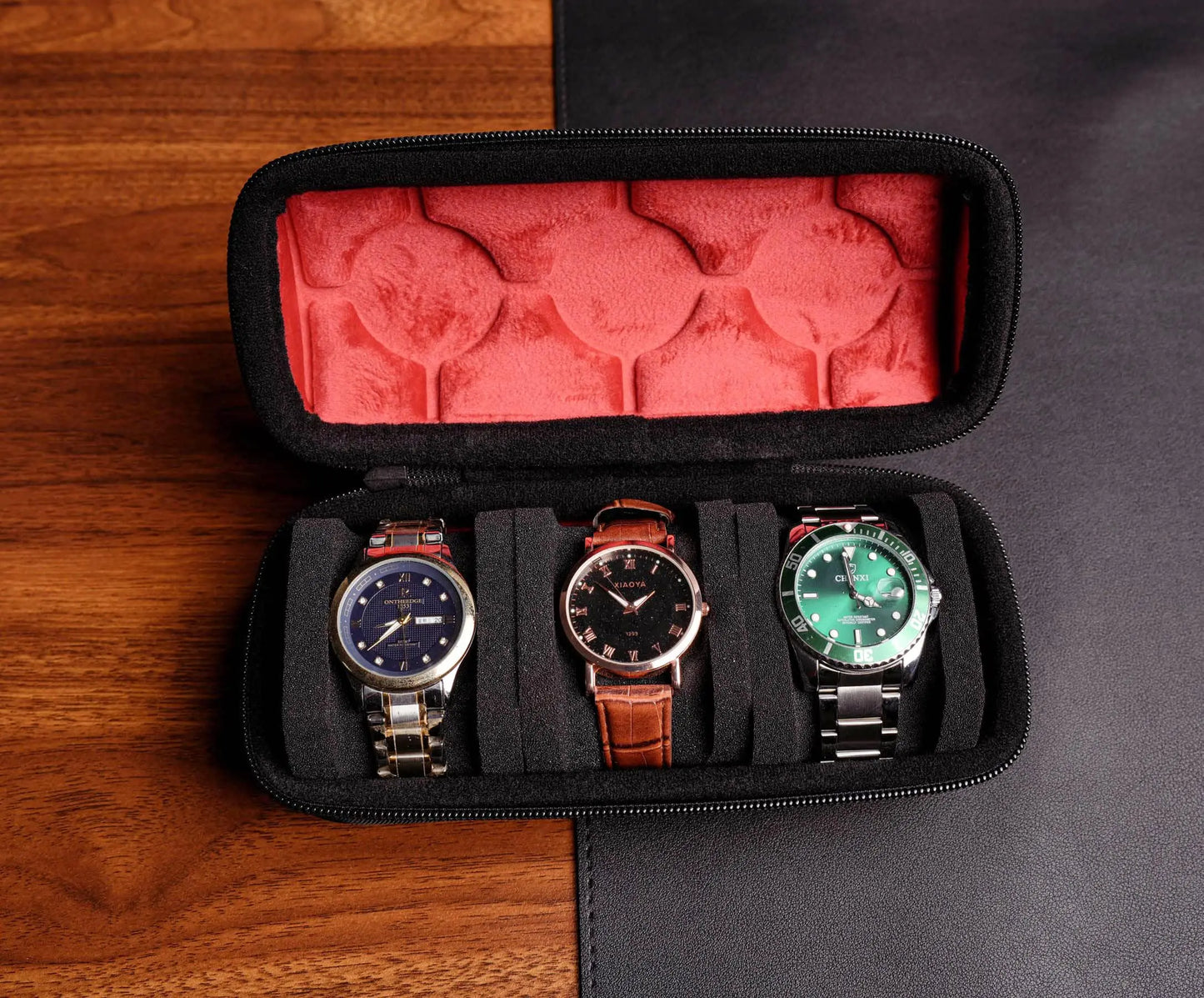 2/3/5 Slots Watch Travel Case Hard Watch Roll Organizer with Form-Fitting Pillow Red Microfiber Lining