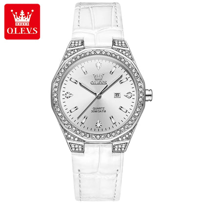 OLEVS 5606 Women’s Luxury Diamond Quartz Watch – Leather Strap, Waterproof