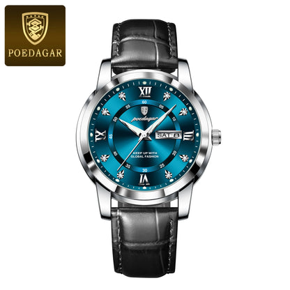 POEDAGAR Luxury Men's Quartz Leather Watch Waterproof Luminous