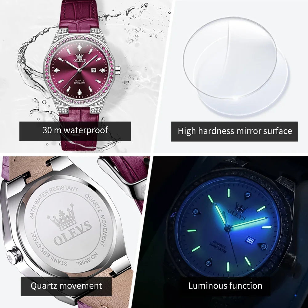 OLEVS 5606 Women’s Luxury Diamond Quartz Watch – Leather Strap, Waterproof