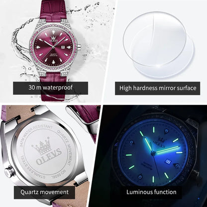 OLEVS 5606 Women’s Luxury Diamond Quartz Watch – Leather Strap, Waterproof