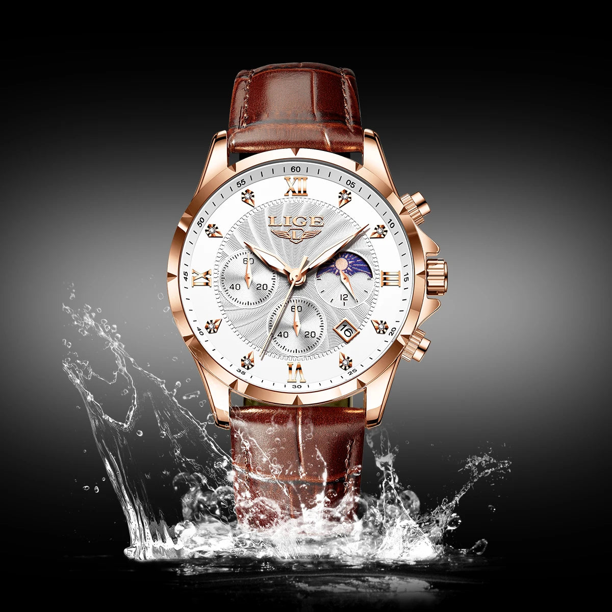 LIGE Men’s Business Quartz Watch – Waterproof, Moon Phase Design, Leather Strap